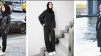 Baju hitam celana hitam jilbab hijau