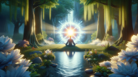 Seorang individu dalam posisi meditasi yang damai, duduk di taman subur atau di tepi danau yang tenang, dikelilingi oleh alam yang indah dengan pohon-pohon tinggi, air yang tenang, dan bunga-bunga yang mekar. Cahaya lembut yang melambangkan kedamaian batin dan penyembuhan emosional menerangi sosok tersebut, menciptakan suasana harmoni dan ketenangan yang mendalam.