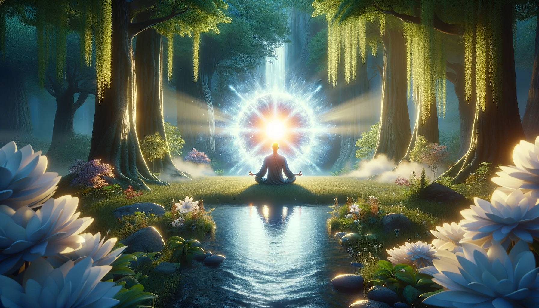 Seorang individu dalam posisi meditasi yang damai, duduk di taman subur atau di tepi danau yang tenang, dikelilingi oleh alam yang indah dengan pohon-pohon tinggi, air yang tenang, dan bunga-bunga yang mekar. Cahaya lembut yang melambangkan kedamaian batin dan penyembuhan emosional menerangi sosok tersebut, menciptakan suasana harmoni dan ketenangan yang mendalam.