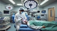Ilustrasi Sebuah ruangan operasi modern dengan seorang dokter mata sedang melakukan operasi LASIK mata pada seorang pasien.